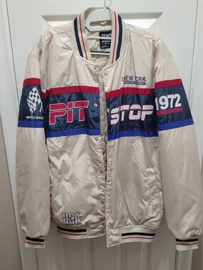 Never Worn, Smoke Free Cream Racing Stripe Bomber Jacket - Pit Stop Graphic